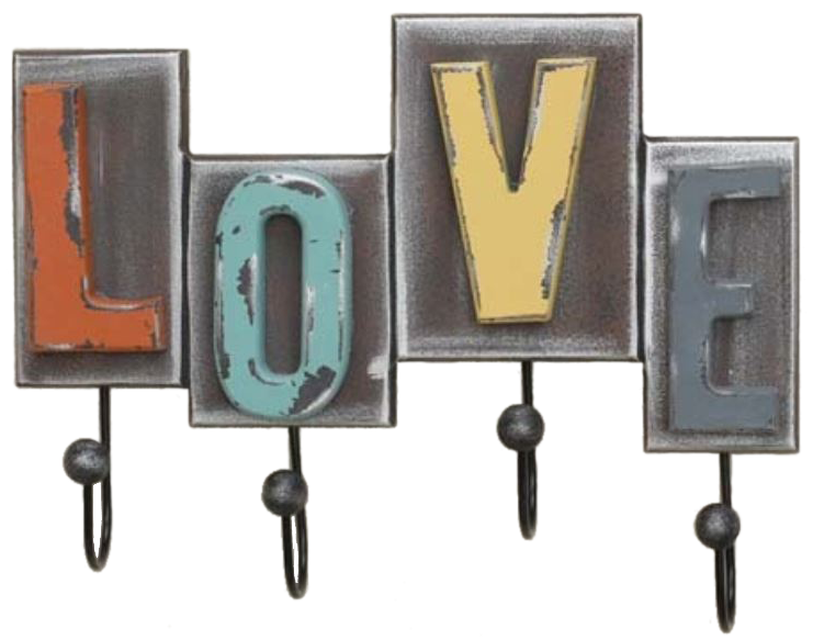Love in Gorgeous Patina Distressed Multi Coloured Decorative 290mm 4 Coat Hook Rack