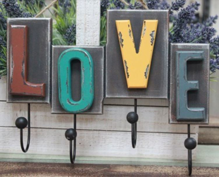 903 Love In Gorgeous Patina Distressed Multi Coloured Decorative 290mm 4 Coat Hook Rack
