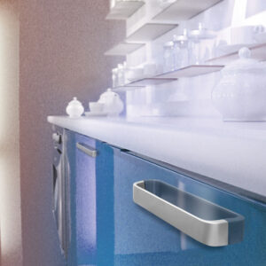 Castella Statement Staple Brushed Nickel 160mm D Pull Handles Blue Cabinet